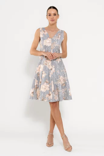 Rochie Caramel în v imprimeu trandafiri gri R8527
