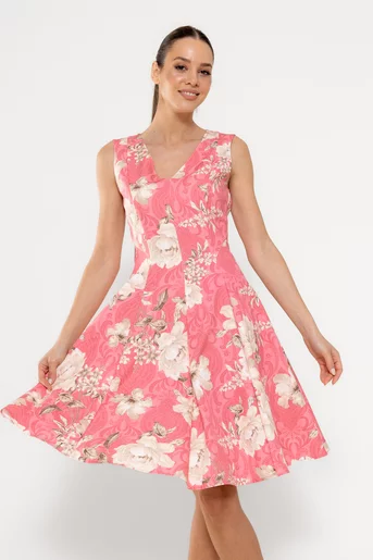 Rochie Caramel în v imprimeu trandafiri roz R8527