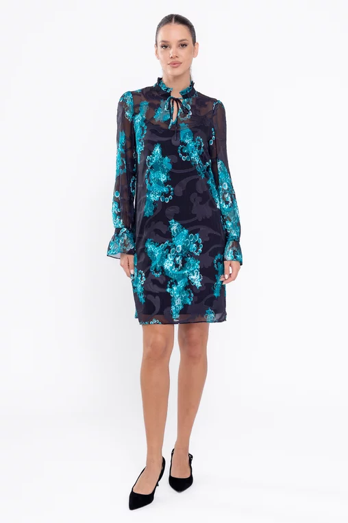 Rochie Caramel lejeră cu volan la guler neagră R8561 thumbnail picture - 