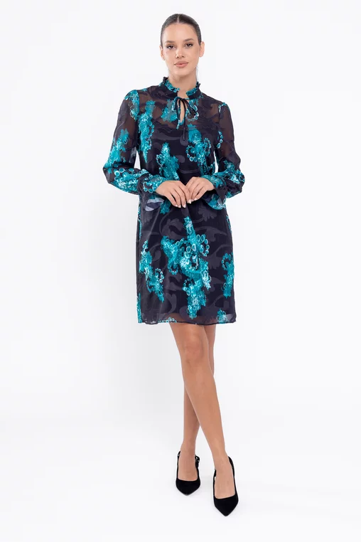 Rochie Caramel lejeră cu volan la guler neagră R8561 thumbnail picture - 