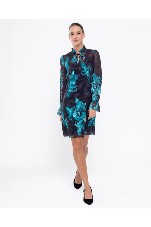 Rochie Caramel lejeră cu volan la guler neagră R8561 thumbnail picture - 