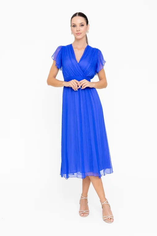 Rochie Caramel mătase naturală cu decolteu suprapus albastră R8546 picture - 5
