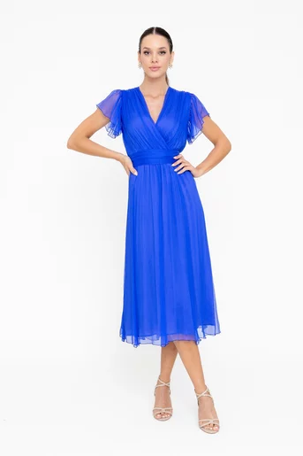 Rochie Caramel mătase naturală cu decolteu suprapus albastră R8546
