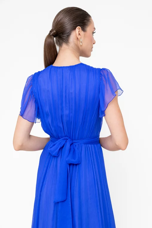 Rochie Caramel mătase naturală cu decolteu suprapus albastră R8546 picture - 2