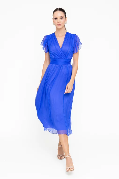 Rochie Caramel mătase naturală cu decolteu suprapus albastră R8546 picture - 6
