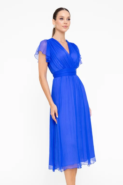 Rochie Caramel mătase naturală cu decolteu suprapus albastră R8546 picture - 4