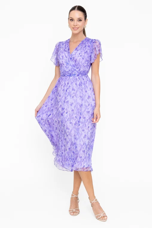 Rochie Caramel mătase naturală cu decolteu suprapus imprimeu floral lila R8546 picture - 5