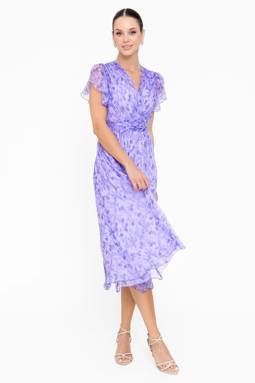 Rochie Caramel mătase naturală cu decolteu suprapus imprimeu floral lila R8546 picture - 4