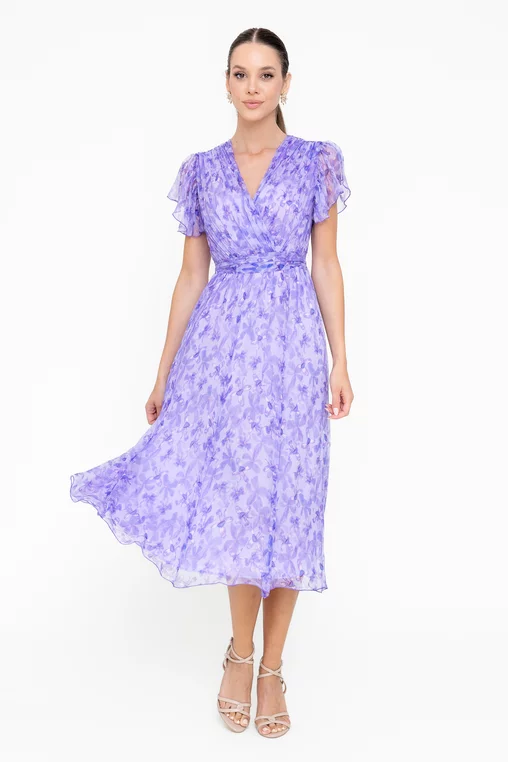 Rochie Caramel mătase naturală cu decolteu suprapus imprimeu floral lila R8546 picture - 6