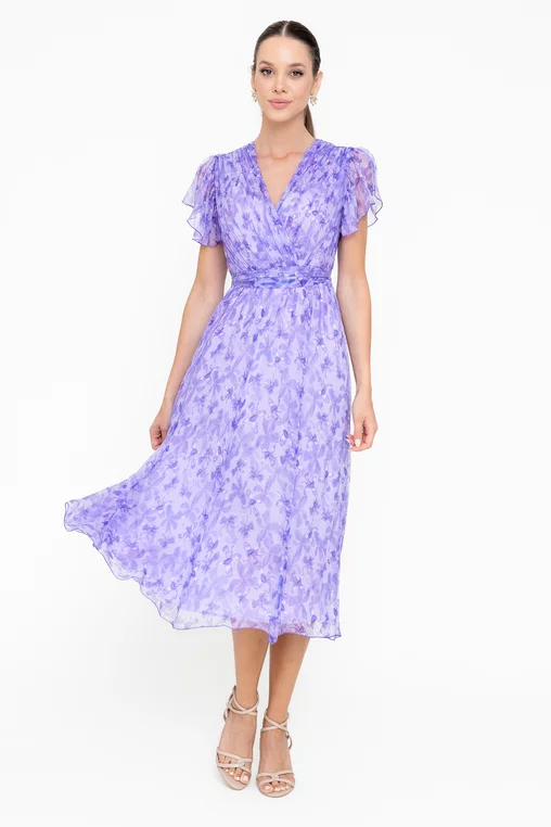 Rochie Caramel mătase naturală cu decolteu suprapus imprimeu floral lila R8546 picture - 1