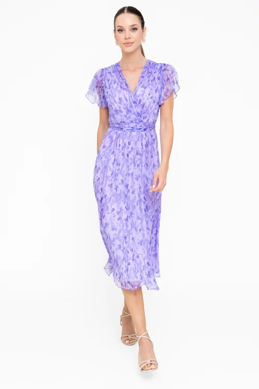 Rochie Caramel mătase naturală cu decolteu suprapus imprimeu floral lila R8546 picture - 7