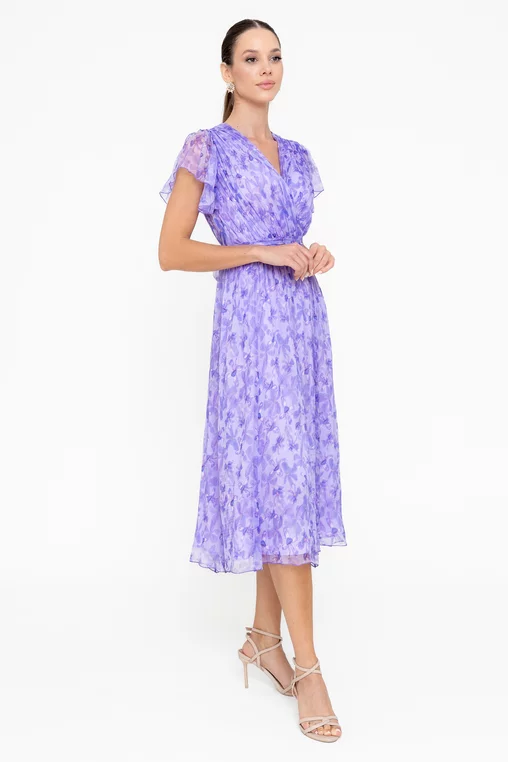 Rochie Caramel mătase naturală cu decolteu suprapus imprimeu floral lila R8546 picture - 8