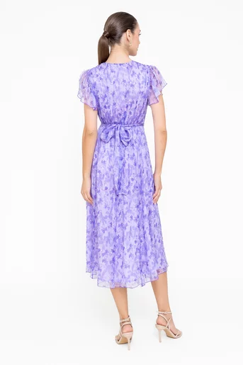 Rochie Caramel mătase naturală cu decolteu suprapus imprimeu floral lila R8546