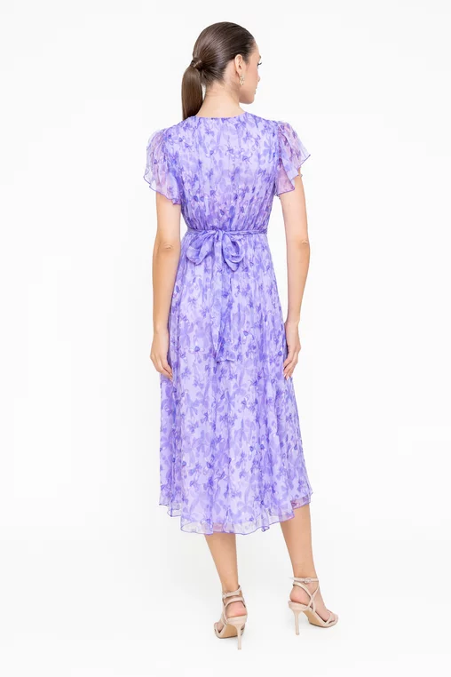 Rochie Caramel mătase naturală cu decolteu suprapus imprimeu floral lila R8546 picture - 2