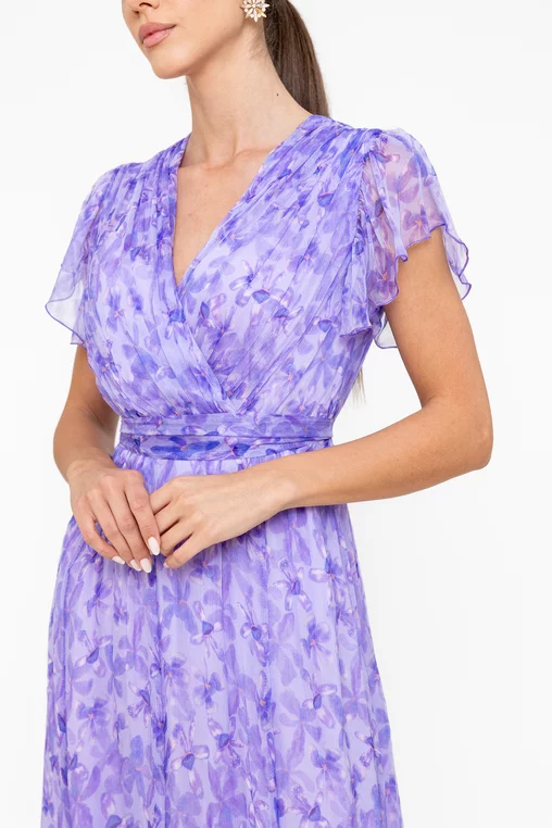 Rochie Caramel mătase naturală cu decolteu suprapus imprimeu floral lila R8546 picture - 3