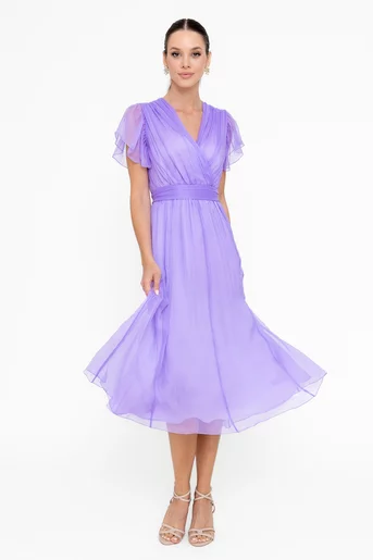 Rochie Caramel mătase naturală cu decolteu suprapus lavandă R8546