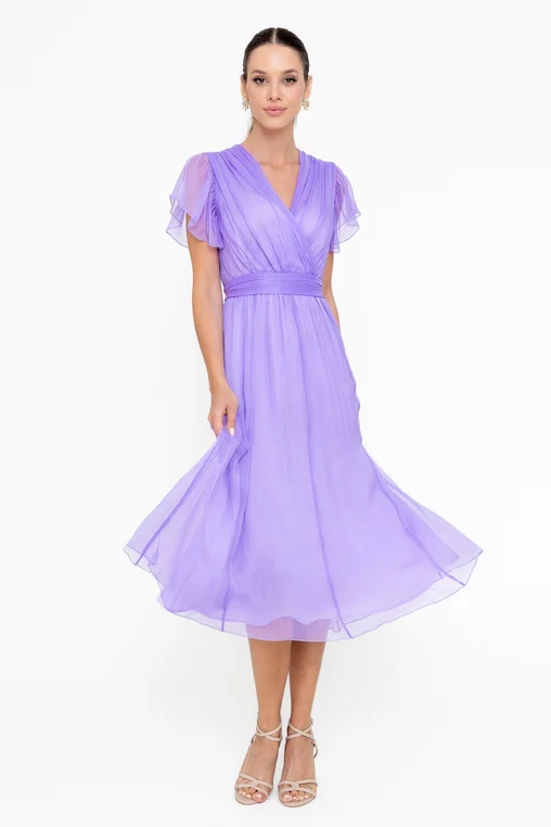 Rochie Caramel mătase naturală cu decolteu suprapus lavandă R8546 picture - 1