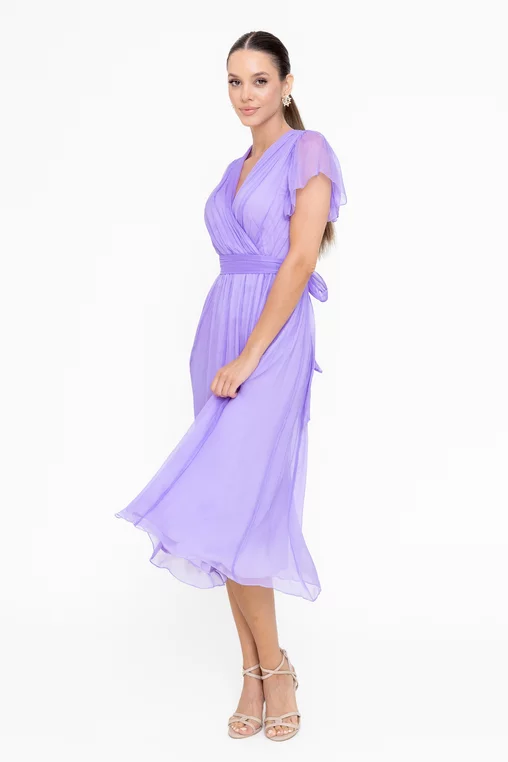 Rochie Caramel mătase naturală cu decolteu suprapus lavandă R8546 picture - 2