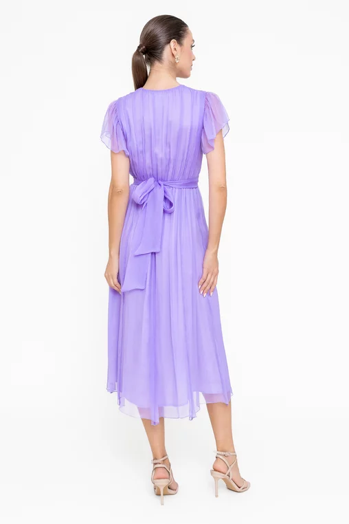 Rochie Caramel mătase naturală cu decolteu suprapus lavandă R8546 picture - 3