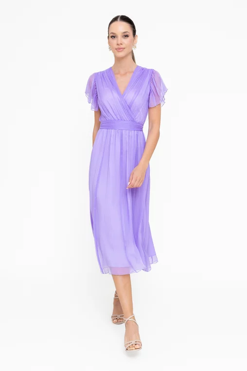 Rochie Caramel mătase naturală cu decolteu suprapus lavandă R8546 picture - 4
