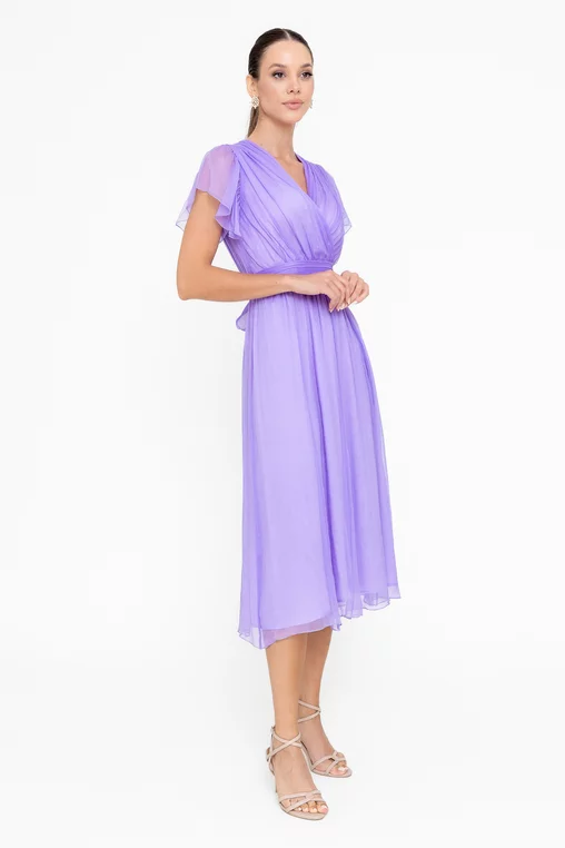 Rochie Caramel mătase naturală cu decolteu suprapus lavandă R8546 picture - 5