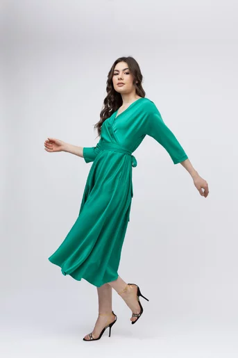 Rochie Caramel midi eleganta cu cordon verde R8002