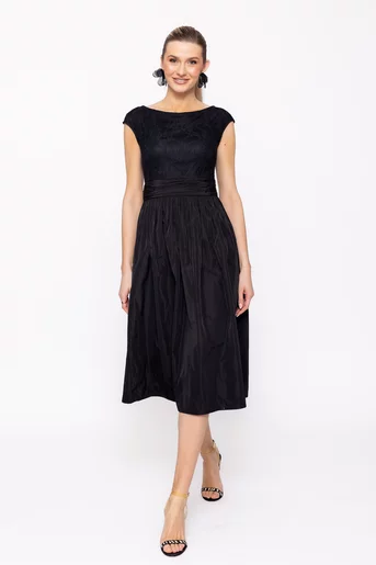 Rochie Caramel midi elegantă cu fusta din tafta neagră R8520