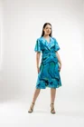 Rochie Caramel midi elegantă cu pliuri decorative albastră R8427 thumbnail picture - 