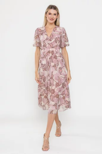Rochie Caramel midi imprimeu paisley roz R8528