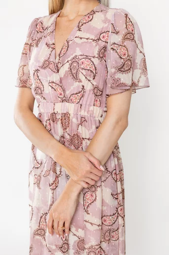 Rochie Caramel midi imprimeu paisley roz R8528