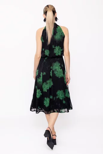 Rochie Caramel midi voal imprimat negru-verde R8506