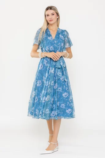 Rochie Caramel voal imprimat albastră R8544