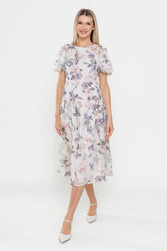 Rochie Caramel voal imprimeu floral ivory R8532