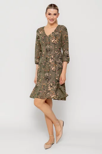 Rochie Caramel voal imprimeu floral kaki R8515