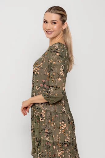 Rochie Caramel voal imprimeu floral kaki R8515