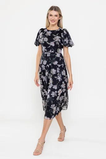 Rochie Caramel voal imprimeu floral neagră R8532