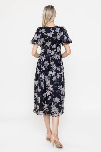Rochie Caramel voal imprimeu floral neagră R8532