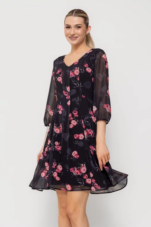Rochie Caramel voal imprimeu floral roz R8515 picture - 1