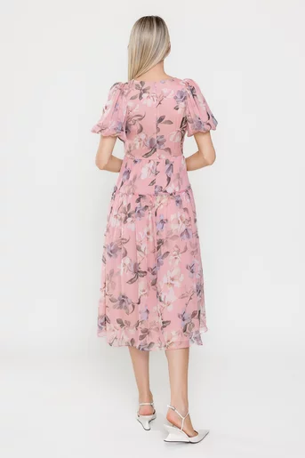 Rochie Caramel voal imprimeu floral roz R8532