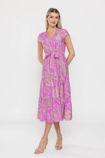 Rochie casual din vâscoză imprimeu frunze fucsia R8536