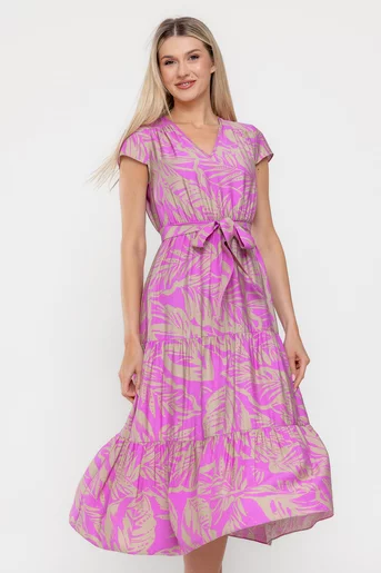 Rochie casual din vâscoză imprimeu frunze fucsia R8536