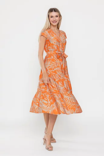 Rochie casual din vâscoză imprimeu frunze orange R8536