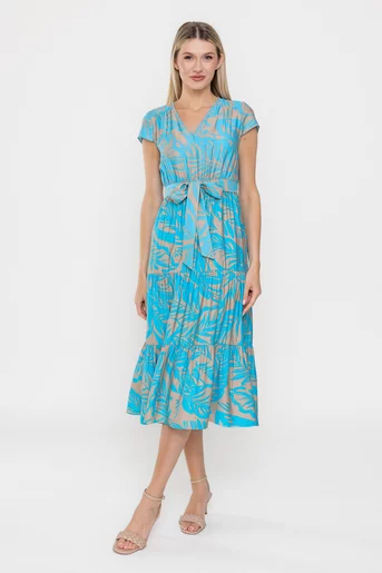 Rochie casula din vâscoză imprimeu frunze albastră R8536