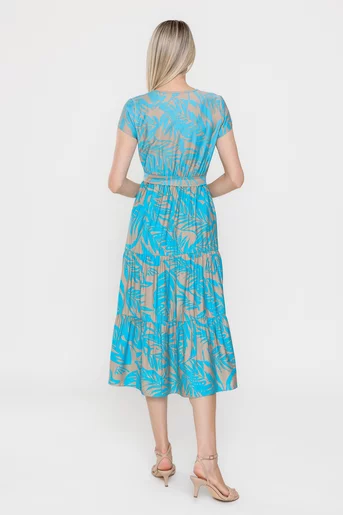 Rochie casula din vâscoză imprimeu frunze albastră R8536