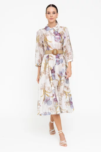 Rochie tip cămașă cu curea ivory RBR0512