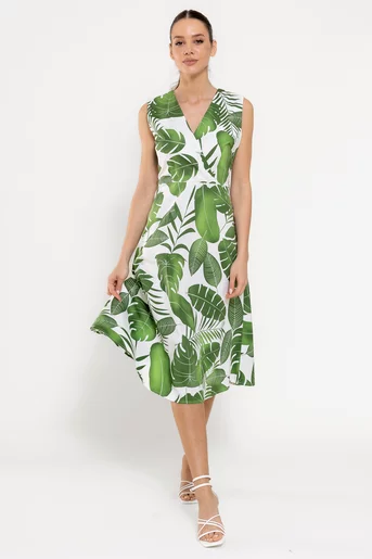 Rochie evazată din bumbac imprimeu tropical verde RBD0307