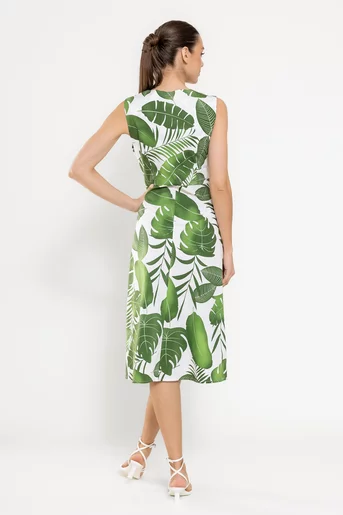 Rochie evazată din bumbac imprimeu tropical verde RBD0307