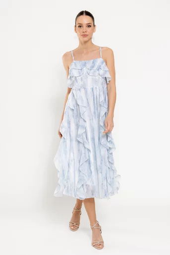 Rochie fluidă cu volane albastră RFY0302