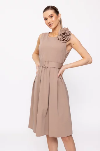 Rochie jerse cu curea și floare bej RBR0202