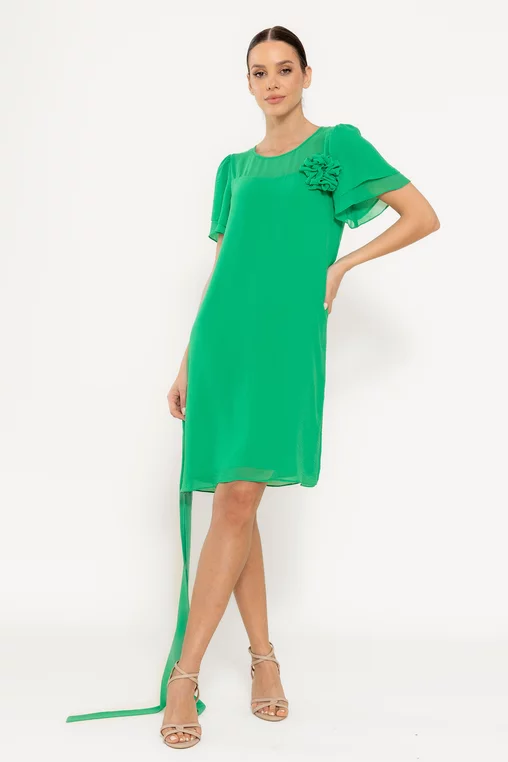 Rochie lejeră cu cordon și floare verde R8521 picture - 1